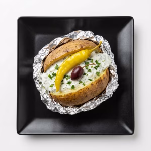 Grosse Folienkartoffel schonend in Alufolie gegart mit Tzatziki, Peperoni und Olive – GyrosExpress Berlin Neukölln