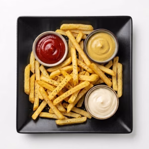 Knusprige goldbraune Pommes Frites frisch frittiert mit Ketchup und Mayonnaise – GyrosExpress Berlin Neukölln