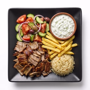 Art des Hauses Premium Platte – Gyros Express Spezialität mit Schafskäse, Peperoni, gegrilltem Pitabrot und Reisnudeln auf schwarzem Teller – Berlin Neukölln.