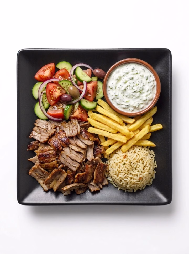 Art des Hauses Premium Platte – Gyros Express Spezialität mit Schafskäse, Peperoni, gegrilltem Pitabrot und Reisnudeln auf schwarzem Teller – Berlin Neukölln.