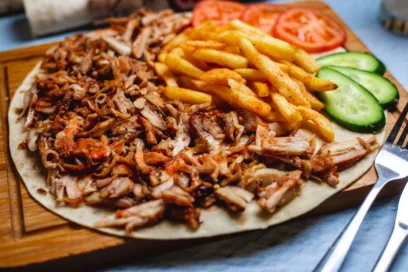 Gyros Teller (Mittel) mit Zwiebeln, Tomaten, Gurken & Beilage nach Wahl – serviert mit Sauce auf einem Teller.
