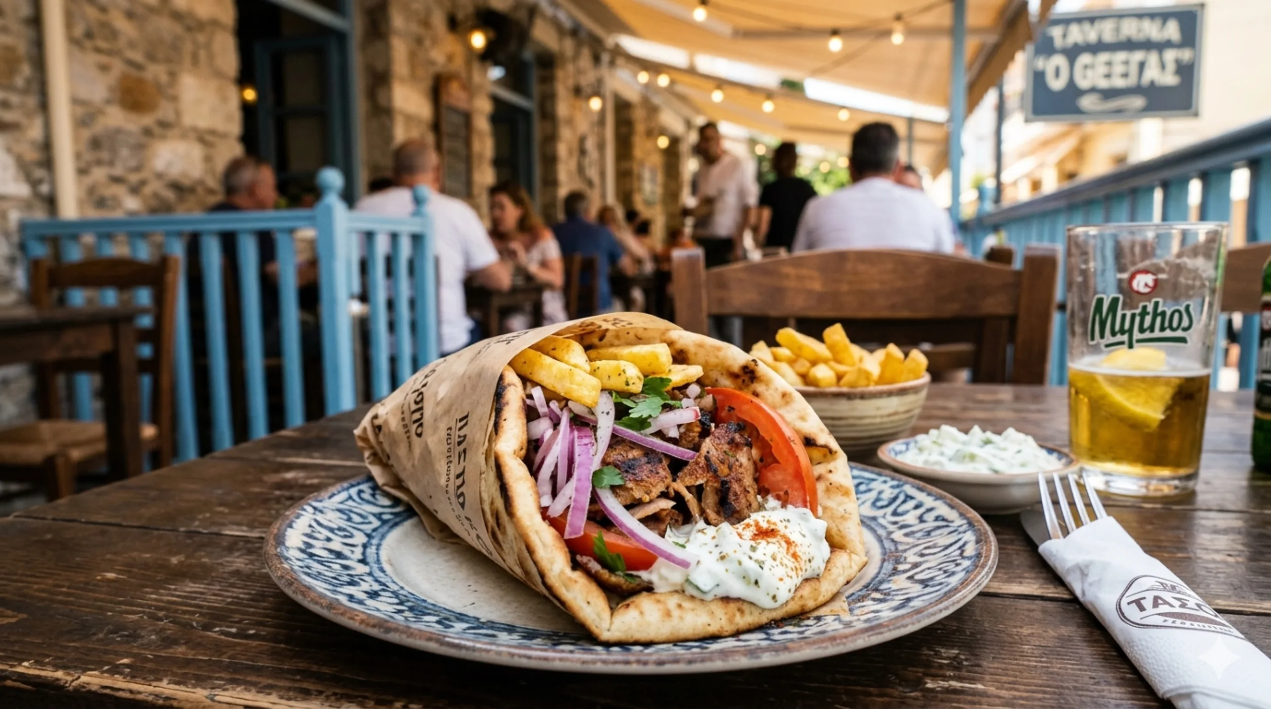 Ein köstlicher, authentischer Gyros im Fladenbrot, gefüllt mit Fleisch, Tzatziki, Tomaten, Zwiebeln und Pommes frites, serviert auf einem traditionellen Teller. Im Hintergrund ist eine lebhafte griechische Taverne zu sehen, begleitet von einem kühlen Mythos-Bier auf dem Holztisch.