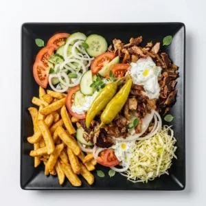 Saftiger Gyros Teller Groß mit doppelter Beilage, Tzatziki und frischem Salat bei GyrosExpress in Berlin Neukölln.