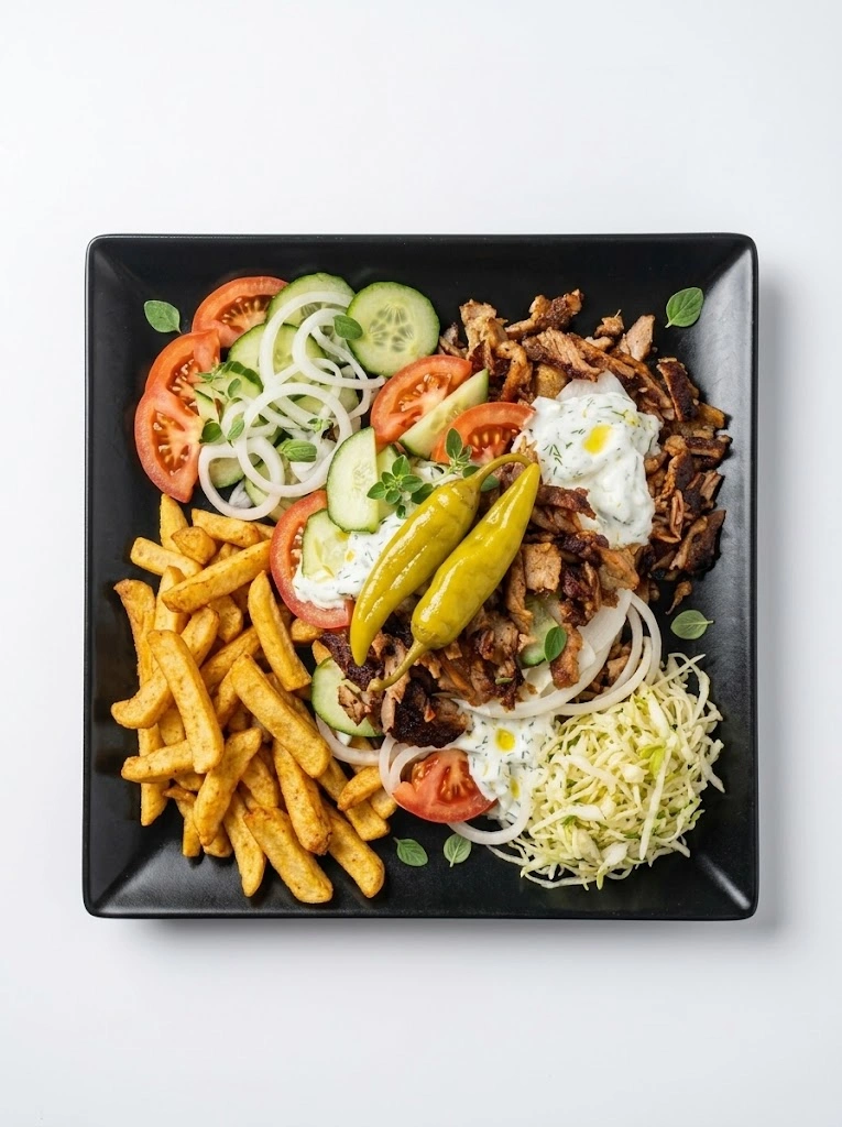 Saftiger Gyros Teller Groß mit doppelter Beilage, Tzatziki und frischem Salat bei GyrosExpress in Berlin Neukölln.