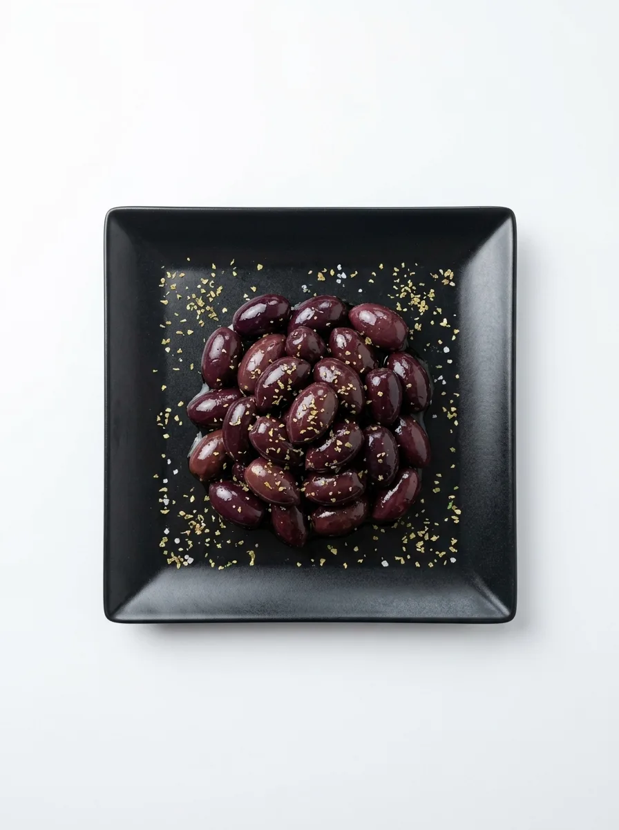 Schwarze Kalamata Oliven mit Olivenöl und Oregano auf schwarzem Teller vor weißem Hintergrund bei GyrosExpress Neukölln.
