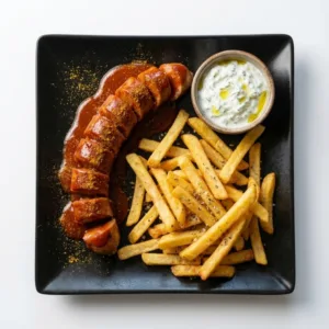 Klassische Berliner Currywurst mit hausgemachtem Curry-Ketchup und knusprigen Pommes frites bei GyrosExpress Berlin Neukölln.