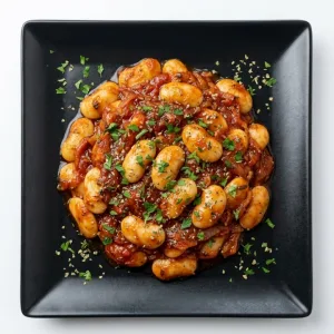 Griechische dicke Bohnen in Tomatensauce auf schwarzem Teller vor weißem Hintergrund bei GyrosExpress Neukölln.