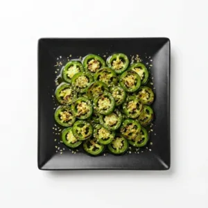 Würzige Jalapeños mit Olivenöl und Oregano auf schwarzem Teller vor weißem Hintergrund bei GyrosExpress Neukölln.
