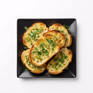 Knuspriges Knoblauchbrot mit Kräuterbutter und Peperoni auf schwarzem Teller vor weißem Hintergrund bei GyrosExpress Neukölln.