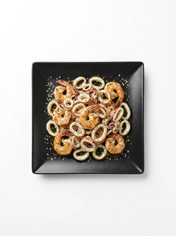 Gegrillte Meeresfrüchte mit Olivenöl und Oregano auf schwarzem Teller vor weißem Hintergrund bei GyrosExpress Neukölln.
