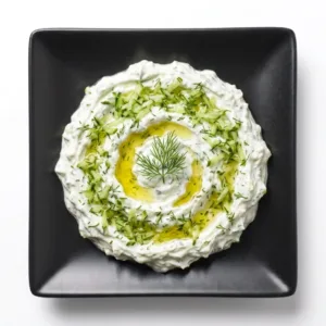 Cremiges hausgemachtes Tzatziki mit Gurke und Dill auf schwarzem Teller vor weißem Hintergrund bei GyrosExpress Neukölln.