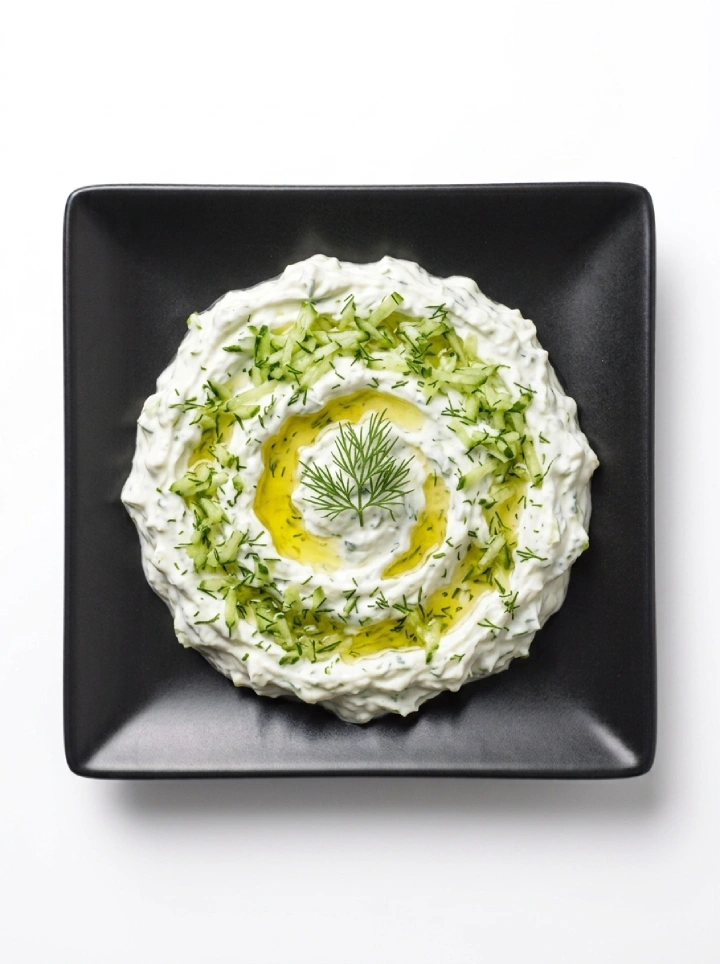 Cremiges hausgemachtes Tzatziki mit Gurke und Dill auf schwarzem Teller vor weißem Hintergrund bei GyrosExpress Neukölln.